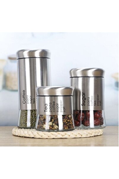 Generic Brand Set of 3 glass storage jars with stainless steel lids, containe...
