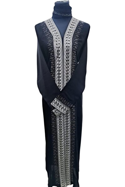 Generic Women's Traditional Black Abaya with Headscarf Long Sleeves, Silver E...