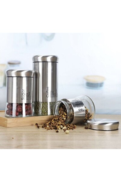 Generic Brand Set 3 borcane din sticla pentru depozitare, cu capac din inox, recipiente pentru paste, cereale, cafea si alimente uscate