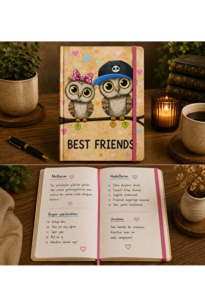 Bymiel Best Friends Owl Patterned Hard Cover Elasticated Flat-Leaf Notebook –...
