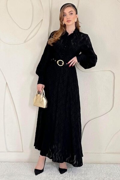 Elbee Fashion Woman Φόρεμα με λεπτομέρεια μαύρης ζώνης και επένδυση