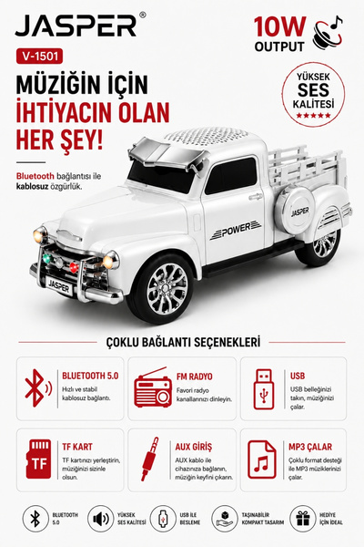 JASPER JPR-1501 Beyaz 10W Bluetooth Hoparlörlü Retro Kamyon Tasarım – FM Rady...