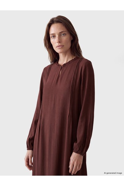 LC Waikiki Lcw Grace Brown Judge Collar Ruffle Flared Dress