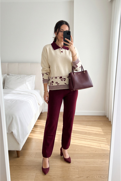 SAYZEN YOUR SHİNE Shirt Collar Floral Pattern Sweater-Pants Women's Knitwear Set