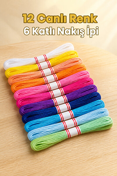 Rivona 12''li Muline Dikiş İpi, 8'er Metre 6 Katlı ip, Canlı Renkli İpler, %1...