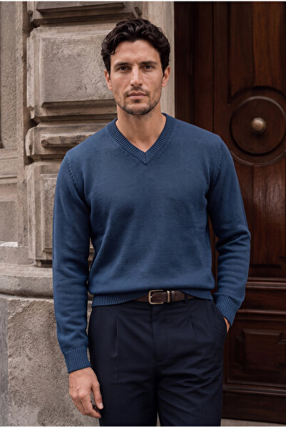 Valiberta Parma 100% Acrylic V-Neck Men's Knit Sweater - Indigo