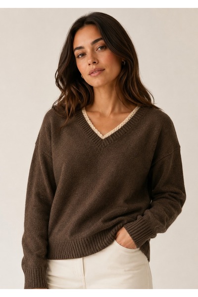 Bracha V-Neck Lace Detailed Basic Knitwear Sweater
