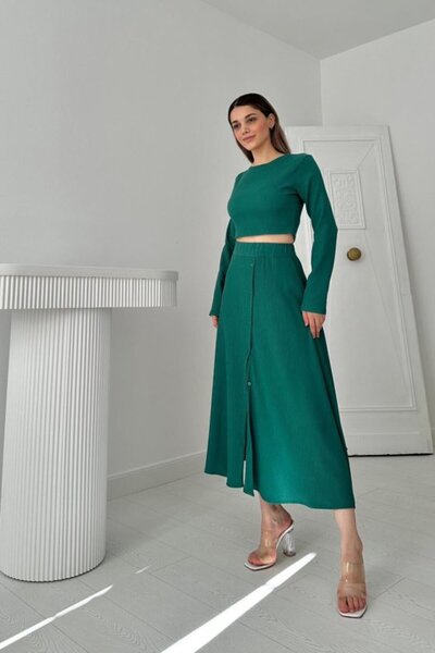 SEREMONİ BUTİK Mint Ribbed Blouse and Skirt Set