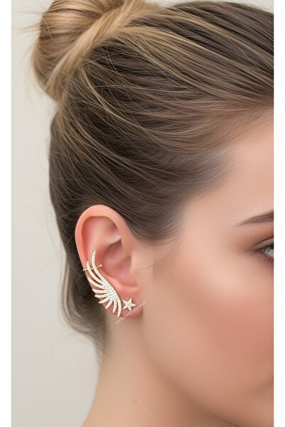 Genel Markalar 14K Altın Kaplama Zirkon Taşlı Melek Kanadı ve Yıldız Gold Ear...