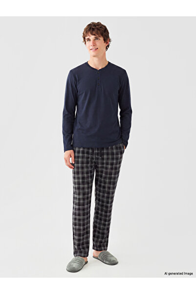 LC Waikiki Nevavm Navy Blue Combed Cotton Plain Long Sleeve Men's Pajama Top ...
