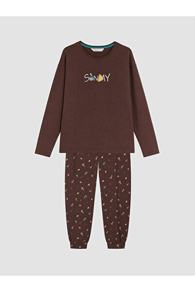 LC Waikiki Lcw Dream Brown Crew Neck Printed Women's Pajama Set