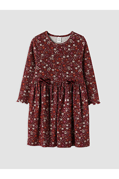 LC Waikiki Burgundy Crew Neck Floral Girl's Dress