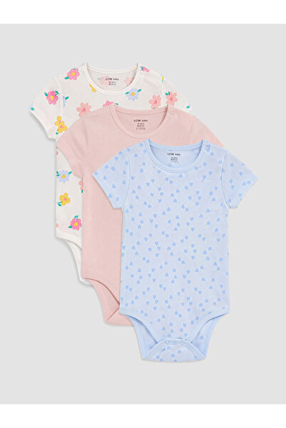 LC Waikiki Lcw Baby Ecru Crew Neck Printed Baby Girl Bodysuit 3-Piece
