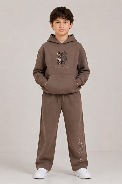 Riccotarz Erkek Çocuk Önü ve Arkası Kurt Çizim Baskılı Kapüşonlu Sweatshirt Kahverengi Eşofman Takım