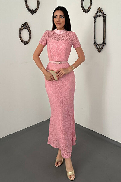 Elbee Fashion Woman Women's Pink Lace Detailed Dress