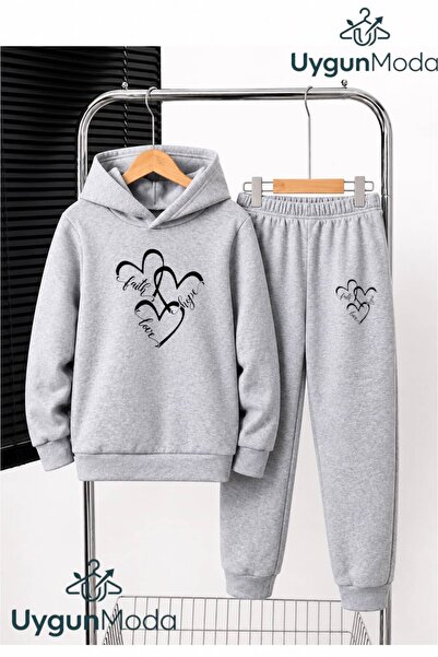 UygunModa 3Yazili Heart Printed Hooded Thick Cotton Inside Padding Tracksuit ...