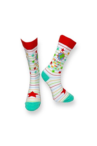 Mevo Single Unisex Teacher Themed White Colored Socks