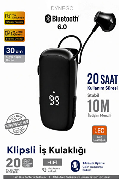Dynego Makaralı Bluetooth Kulaklık Klipsli İş Kulaklığı LED Gösterge Titreşim...