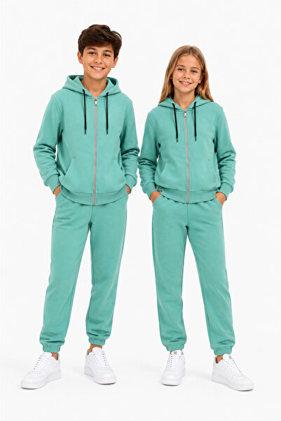 TRENDHİLL Unisex Children's Hooded Collar Tracksuit Set Mint-310