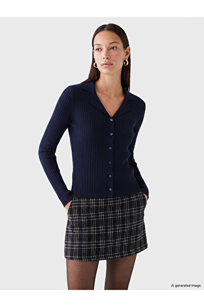 LC Waikiki Lcw Everyday Navy Blue Polo Collar Women's Knitwear Cardigan