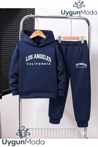 UygunModa Los Angeles Yazi Printed Hooded Thick Cotton Inside Tracksuit with ...