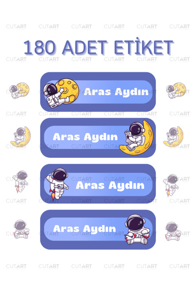 İsme Özel Hazır Kesim Etiket Okul Etiketi Kalem Etiketi Defter Etiketi 180 Adet Uzay/Astronot Desenli
