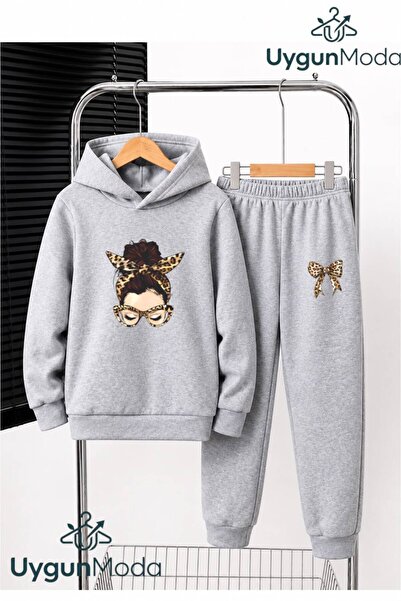 UygunModa Kurdale Girls' Printed Hooded Thick Cotton Inside Track Suit with P...