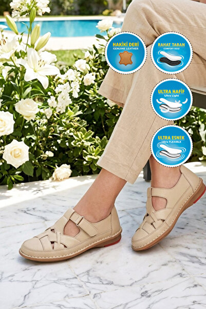 AYAKMOD Beige Slim Fit Orthopedic Comfortable Sole Genuine Leather Velcro Wom...