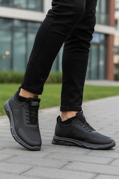 WALKWAY Black-Black Rubber Laced Comfortable Sole Men's Walking and Sports Sh...