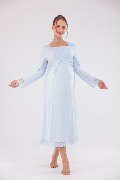 Yulem Homewear Blue Special Lace Detailed Design Cotton Long Sleeve Maternity...