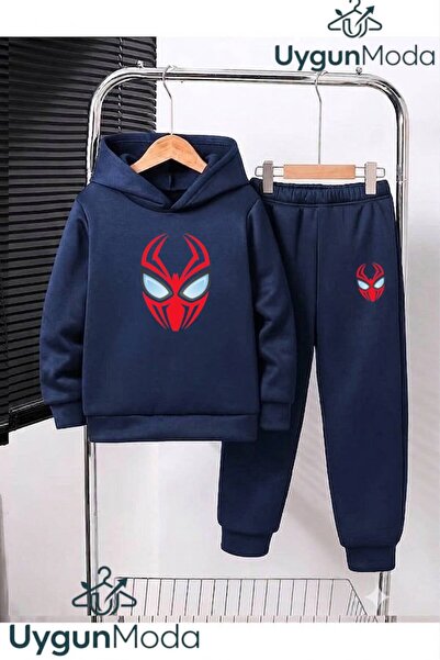 UygunModa Spider Mask Printed Hooded Thick Cotton Inside Padding Tracksuit wi...