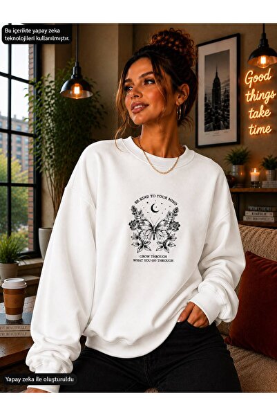 caddekombin Women's Be Kind Written Butterfly and Flower Graphic Printed Roun...