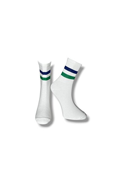 Mevo Single Unisex Blue-Green Striped White Colored Socks