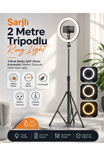 EN SİGA Şarjlı 2 Metre Tripodlu Ring Light 3 Renk Modlu 360° Döner Kumandalı ...