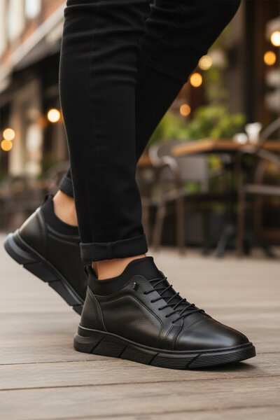 AYAKMOD Black Genuine Leather Rubber Laced Non-Slip Sole Men's Casual Shoes 142