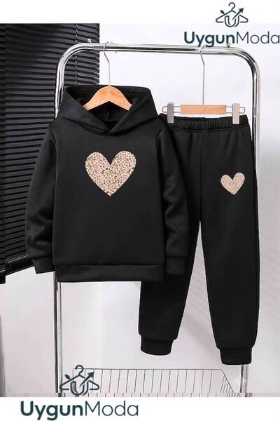 UygunModa Winter Leopard Heart Printed Hooded Thick Cotton Inside Track Suit ...