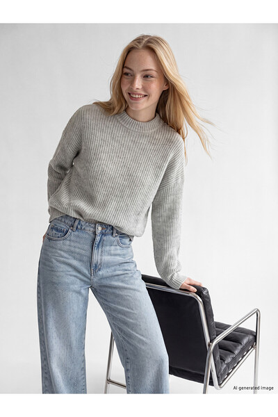 LC Waikiki Xside Gray Crew Neck Oversized Women's Knitwear Sweater