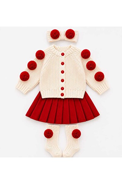 ROKİDS Baby Girl 4-Piece Knitwear Set – Stylish Winter Combination with Pompo...