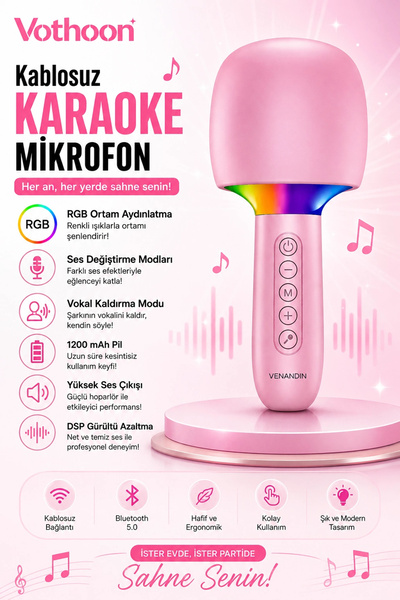 Vothoon Çocuk ve Yetişkin Karaoke Mikrofonu Kablosuz RGB Ambiyans Işığı Ses Değiştirme Modlu Hoparlör