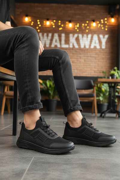 WALKWAY Black-Black Mesh Elastic Laces Comfortable Sole Men's Walking and Spo...