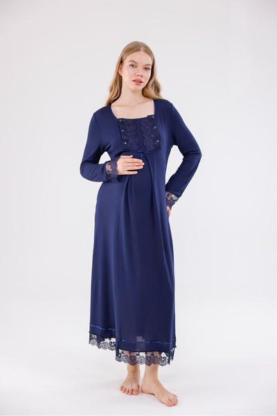 Yulem Homewear Navy Blue Special Lace Detailed Design Cotton Long Sleeve Mate...