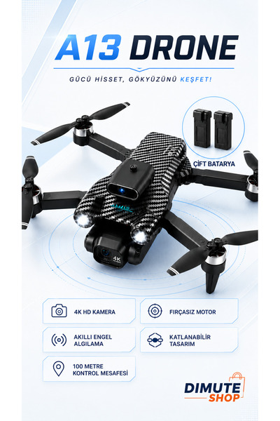 Dimute Shop A13 Drone Çift Bataryalı 4K HD Kameralı Fırçasız Motor Akıllı Eng...