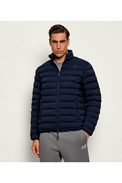 EA7 Men's Regular Fit Stand Collar Zippered Quilted Patterned Long Sleeve Nav...