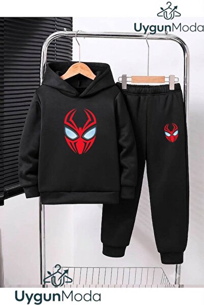UygunModa Spider Mask Printed Hooded Thick Cotton Inside Padding Tracksuit wi...