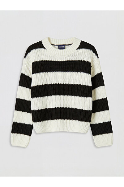 LC Waikiki Two Mt Shop Quality Black Oval Collar Striped Girls' Knitwear Sweater