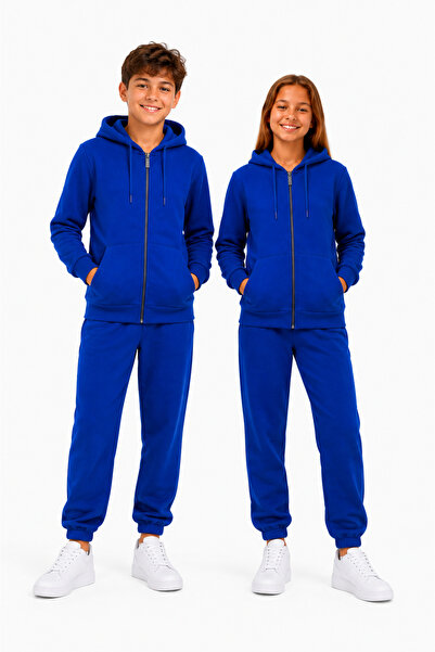TRENDHİLL Unisex Children's Hooded Collar Tracksuit Set Saks-310
