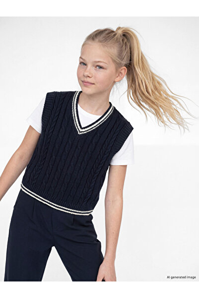 LC Waikiki Lcw Kids Navy Blue V-Neck Girls' Knitwear Sweater with Nevavm Diff...