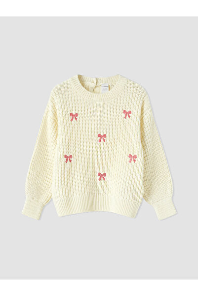 LC Waikiki Nevavm White Oval Collar Girl's Embroidered Knit Sweater with a Di...