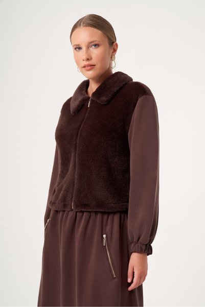 FTZ WOMEN Women's Plush Detailed Skirt Suit Brown 31527