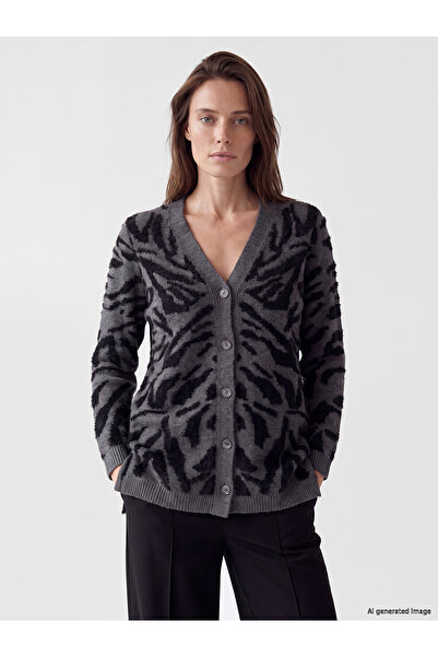 LC Waikiki Lcw Grace Black Knitwear Patterned Women's Cardigan with Nevavm Di...